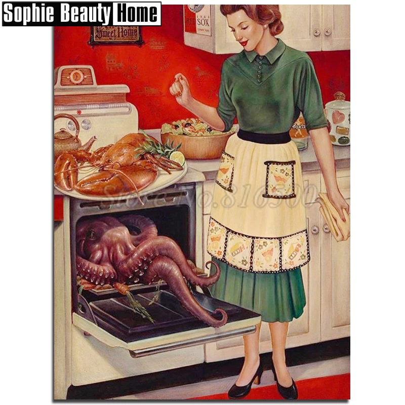 

Needlework 5D Diy Diamond Painting Cross Stitch Woman&Lobster In Kitchen Diamond Embroidery Full Drill Diamond Mosaic Art 18A027