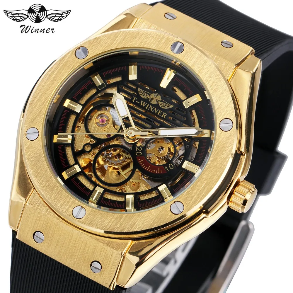 WINNER Luxury Mens Mechanical Watches Rubber Strap Male Automatic
