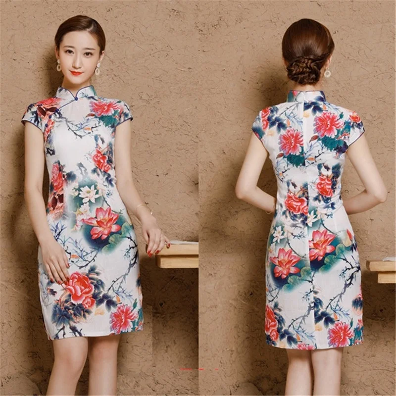 Women Linen Cotton Shanghai Plus Size Cheongsam Qipao Dresses XXXL 4XL 5XL Summer Short Chinese Traditional Printing Elegant  (19)