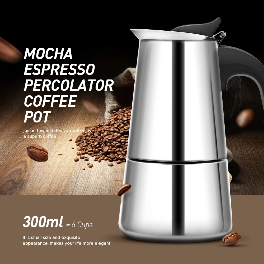 

FIMEI Portable Stainless Steel Coffee Maker Mocha Latte Espresso Percolator Stove Cafeteira Appliance 100ML 200ML 300ML 450ML