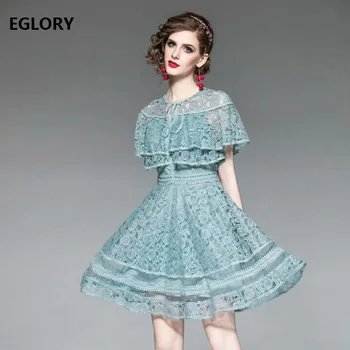 

Cape Poncho Dress 2019 Summer Fashion Party Rockabilly Dress Women Appliques Lace Embroidery Slim Fit & Flare Blue Pink Dress