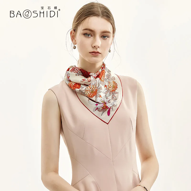 [BAOSHIDI] модные шарфы для шеи, шелковый шарф для женщин, женский весенний платок из чистого шелка, ручная работа, шарф с ручным принтом - Цвет: 1022182092