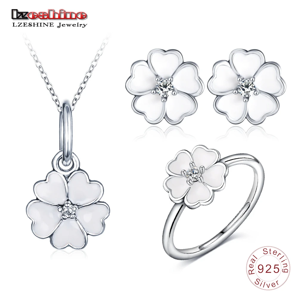 

LZESHINE New 925 Sterling Silver Fashion Flower Jewelry Sets For Women White Enamel Heart Petals Pendant/Ring/Earrings 3pc Sets