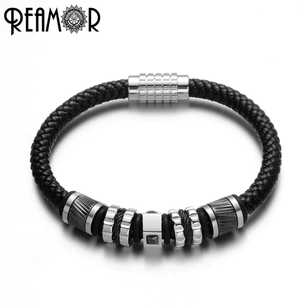 

REAMOR Luxury Men Bracelet Black Genuine Leather Braided 316L Stainless Steel Bracelets CZ Beads Magnetic Clasp Bangles Jewelry