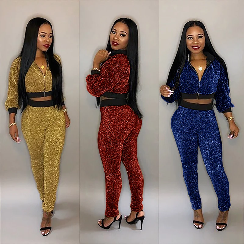 TWO PIECE SET Crop Top Metallic Silk Women Tracksuit Jacket Long Sleeve ...