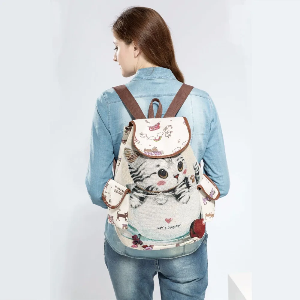 Miyahouse Casual Canvas School Backpack Women Lovely Cat Printed Drawstring Backpack Teenager Large - 32823779337