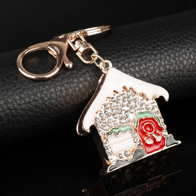 

Christmas House Pendant Keychain Gold Key Rings Crystal Rhinestone Key Holder Woman Bag Charm Car Hanger Women Bag Accessories