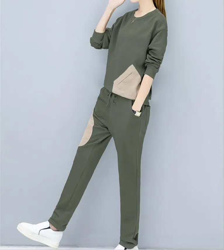 

2019 new women's Two-piece sets large size loose Pants suit pocket color matching Sweatshirt tops Harem pants ladies casual sets