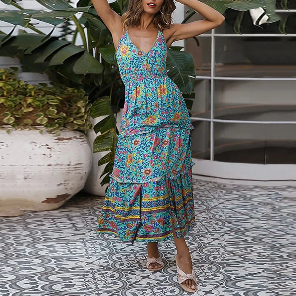 Богемное Стильное женское летнее платье Vestidos с цветочным принтом на тонких