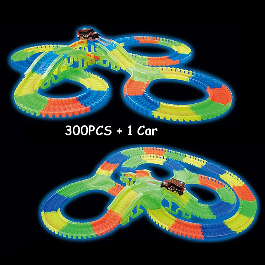 Светящийся гоночный трек изгиб Flex светится в темноте Ассамблеи Игрушка 112/160/256/300 шт Слот Гоночный трек+ 1 шт. светодиодный машинка-Головоломка Развивающие игрушки - Цвет: 300PCS 1 Car