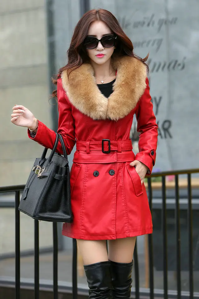 Кожаное пальто для женщин, стиль, приталенный дизайн, женская кожаная куртка с меховым воротником, женское замшевое пальто размера плюс - Цвет: Red with fur