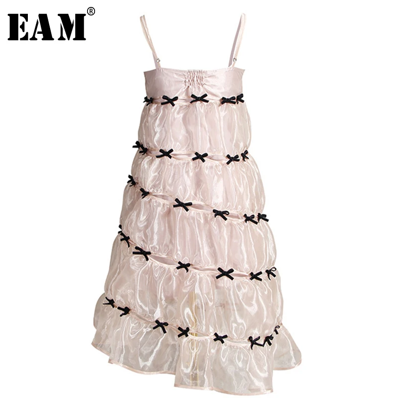 

[EAM] 2019 New Spring Summer Spaghetti Strap Bow Organza Knot Draped Irregular Personality Dress Women Fashion Tide JX701