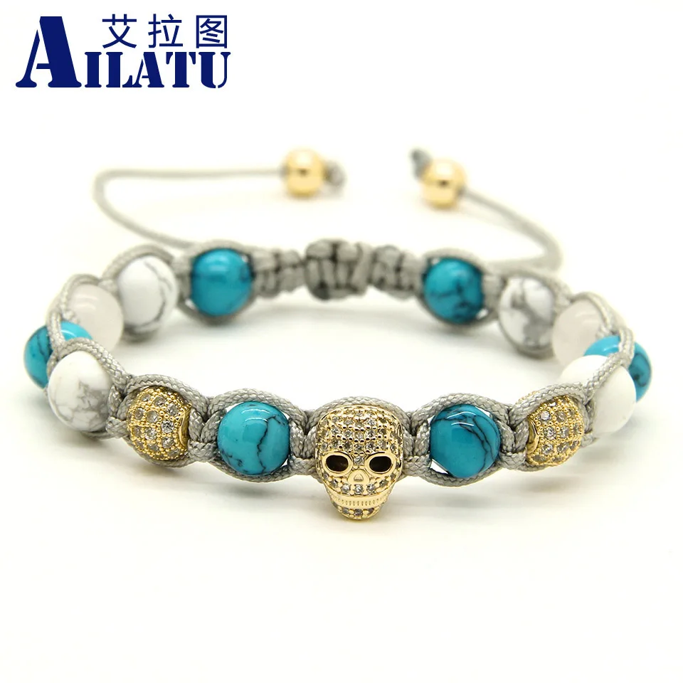 Ailatu 8 мм белый Howlite камень прозрачный CZ Сердце Череп Плетеный Европейский
