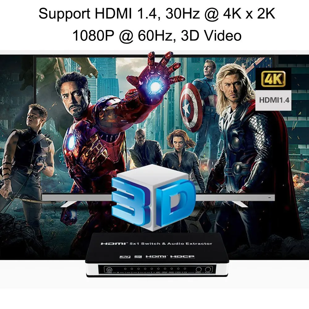 UHD 5x1 HDMI переключатель аудио экстрактор 4K 1,4 HDMI переключатель 5 портов с ARC& IR 7.CH HDMI переключатель пульт дистанционного управления для PS3 PS4 Apple tv HD tv