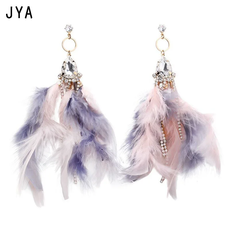 

JYA Long Nature Feather Earrings for Women Geometric Big Rhinestone Statement Earrings Fashion Jewelry Lady Eardrop Winter 2019