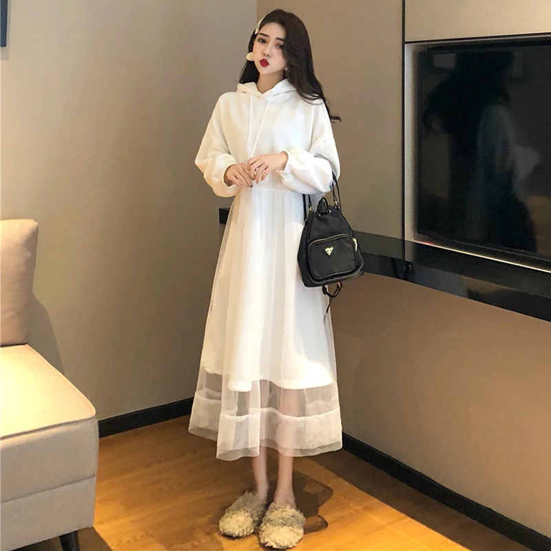 

midi Korean dress women Autumn Winter temperament sexy splice Mesh dress dresses vestidos robe femme vintage Party hoodie dress