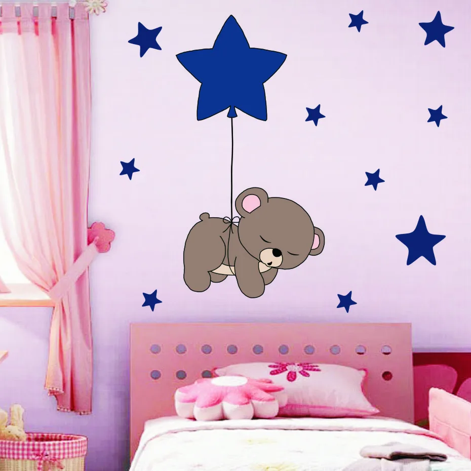 Cute Quite Sleep Bear with Stars Wall Decals Children's Kids Cartoon DIY Art Vinyls Stickers Bedroom Home Decor Mural Wallpaper