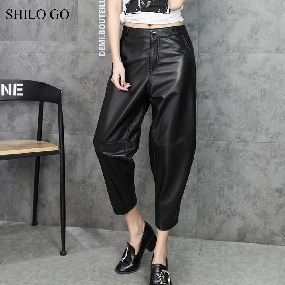 SHILO GAAN Leren Broek Womens Herfst Mode schapenvacht lederen Broek knop rits zwart beknopte losse harembroek SHILO GAAN Leren Broek Womens Herfst Mode schapenvacht lederen Broek knop rits zwart beknopte losse harembroek