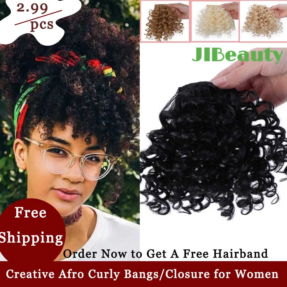 QIANJI Black Afro Curly Bangs Rringe Fake Fringe Bangs