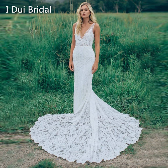 Sheath Lace Wedding Dress With Pockets V Neck Outdoor Boho