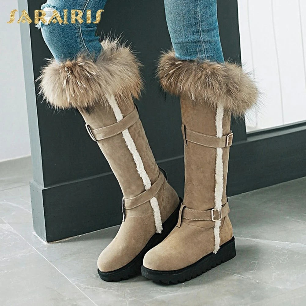 

SARAIRIS 2018 Plus Size 34-45 Low Heels Shoes Woman Hot Sale Add Fur Autumn Winter Boots Woman Shoes Mid Calf Boots