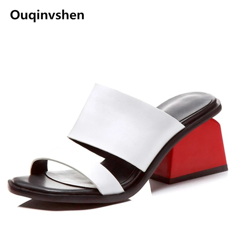 

Ouqinvshen Strange Style High Heel Slippers Cow Leather Plus Size Summer Women Shoes Peep Toe Rubber Women Slippers Outdoor Sexy