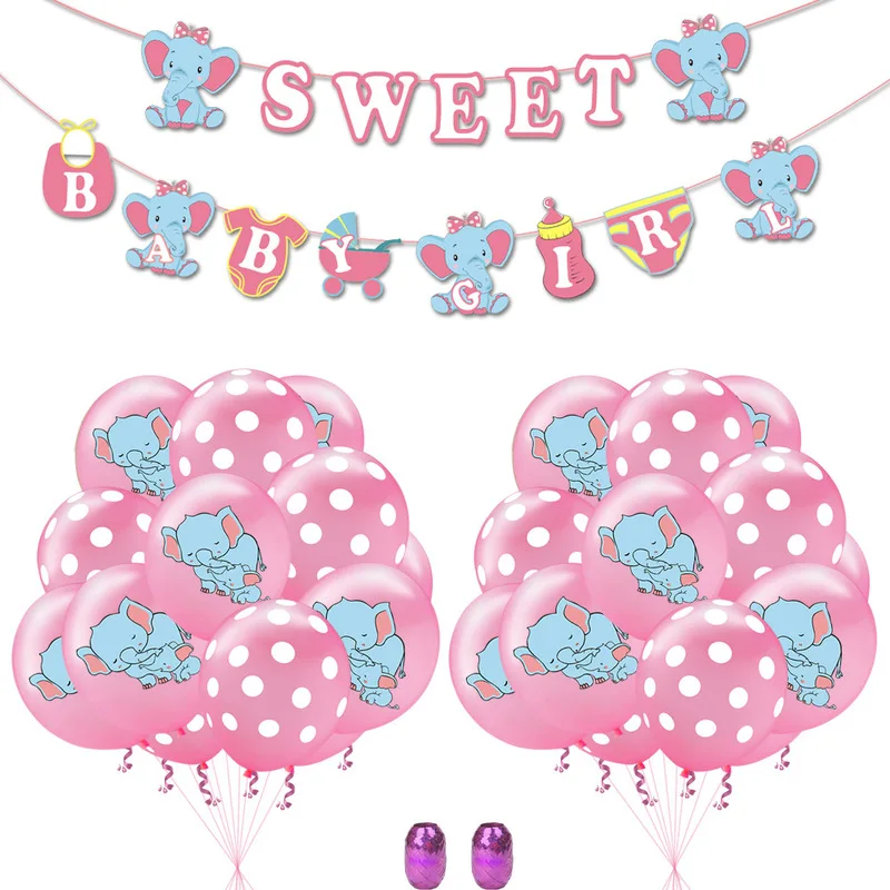 

23pcs Pink Sweet Baby Elephant Letter Banner Dots Balloons Ribbons for Gender Reveal Baby Shower Balloons Animals Latex Balons