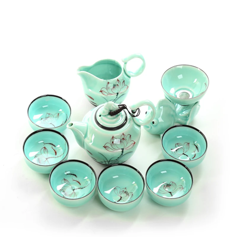 

9 pcs Porcelain tea set cup heat insulated chinese ceramic teapot with filter Celadon luxury teaset tea cup saucer sets B009