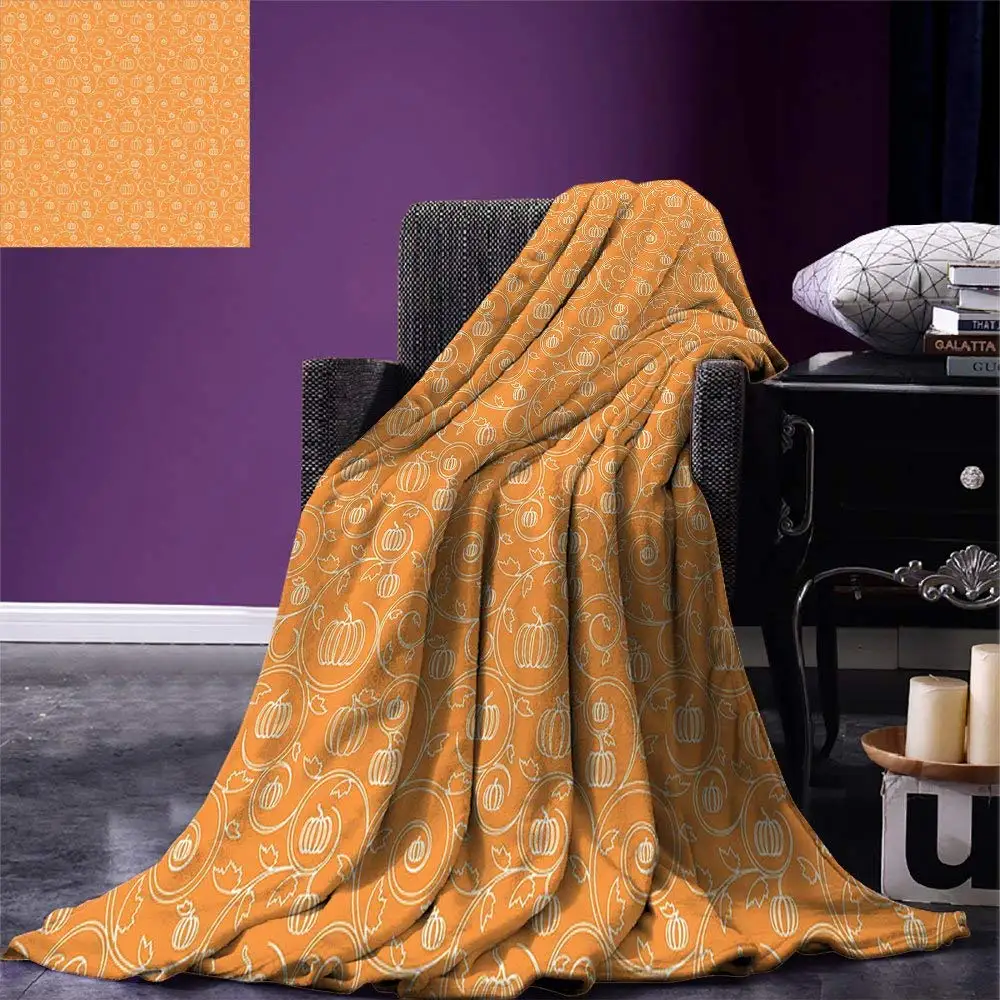 

Harvest Throw Blanket Pattern with Pumpkin Leaves and Swirls on Orange Backdrop Halloween Inspired Warm Microfiber Blanket