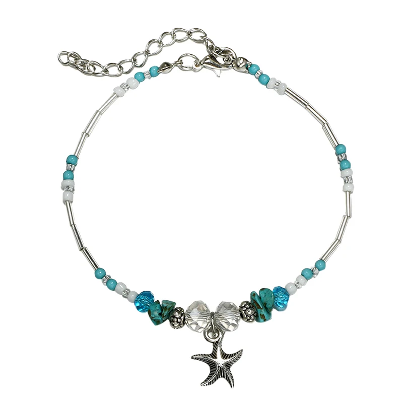 Bohemian Starfish Stone Anklets Bracelet Chains Sets For Women Vintage Handmade Wave Anklet on Leg Beach Ocean Jewelry | Украшения и