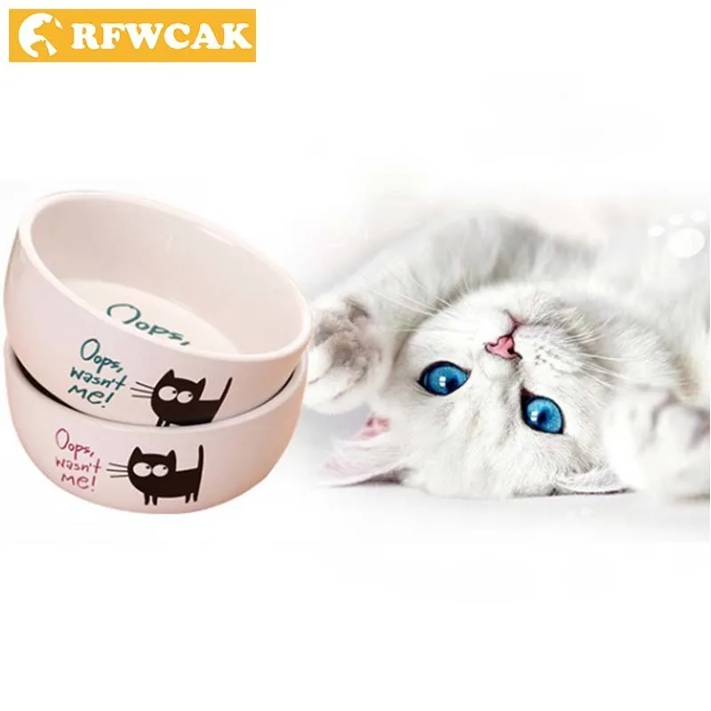 

RFWCAK Good Quality Ceramics Pocket-portable Cartoon Black Cat Pattern Circle Drinking And Eating Heat Resistant Pet Feed Bowls