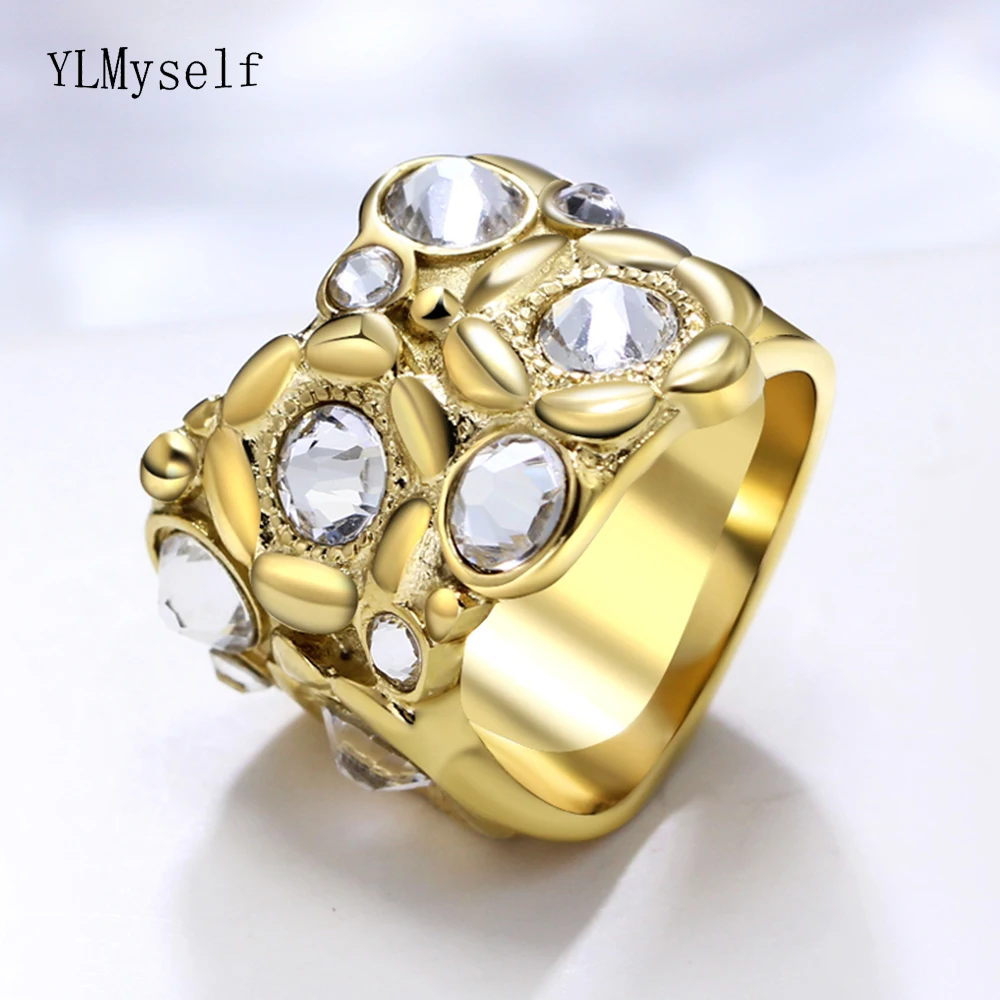 

316l Stainless Steel Jewelry & Accessories crystal fashion jewellery ring Gold-color finger rings for women