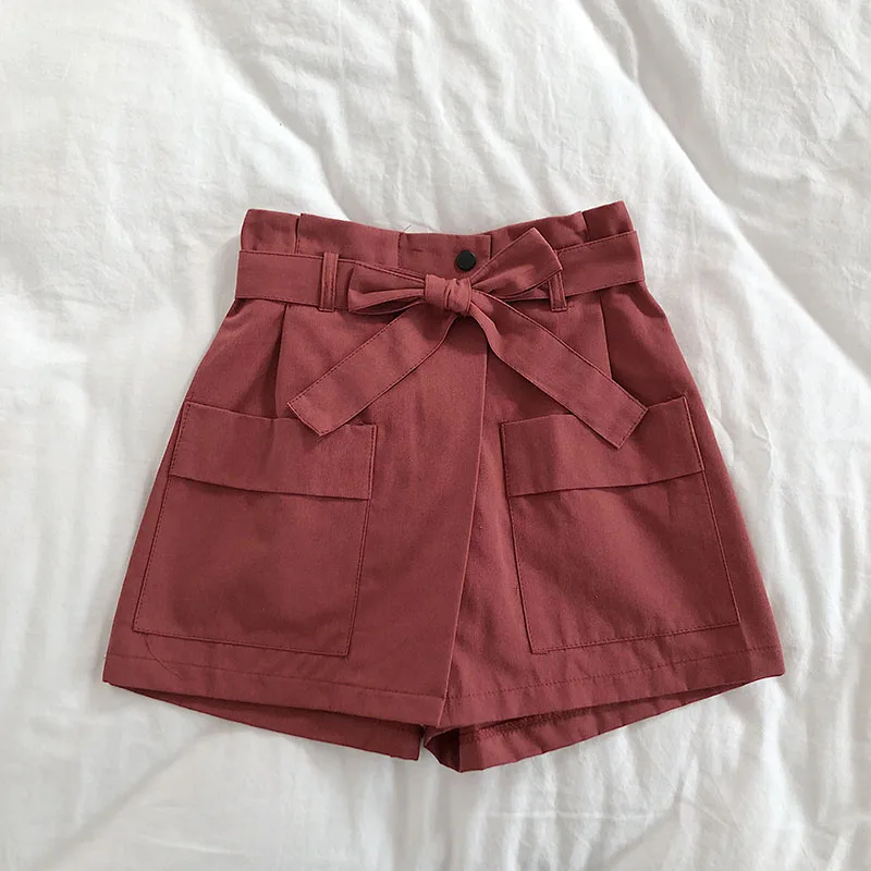 Korobov/летние шорты ярких цветов с асимметричным разрезом, короткие шорты со шнуровкой и бантом, однотонные женские шорты с высокой талией, корейские шорты с карманами, 77745 - Цвет: brick red shorts