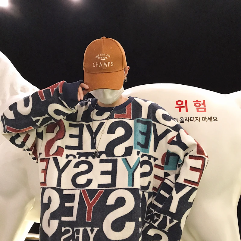 

Fashion Casual Men's Hoodie Spring And Autumn New M-2XL Print O Neck Loose Pullover White Blue Personality Youth Popular