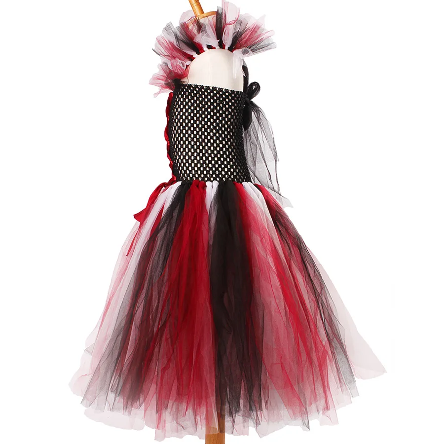 Black Wine Kids Halloween Purim Costume Evil Queen Inspired Girls Handmade Tutu Dress with Horns Children Scary Bow Gown (6)