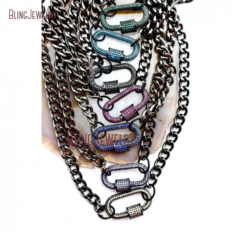 

Micro Pave Screw Clasp Carabiner Lock Necklace Gunmetal Chain Necklace NM26353