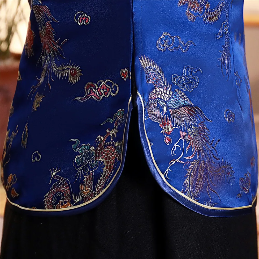 Шанхай история короткие Cheongsam Топ Традиционный китайский искусственный шелк/Атласный топ Дракон и Феникс Вышивка Блузка Топ Qipao рубашка