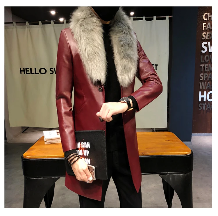 Мужской длинный кожаный Тренч, Черное длинное пальто, мужское бордовое пальто Erkek Palto с меховым воротником, роскошное Золотое длинное мужское облегающее пальто