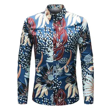 

Fashion Men Slim Fit Flower Print Button Turn Down Collar Long Sleeve Shirt Top 2019