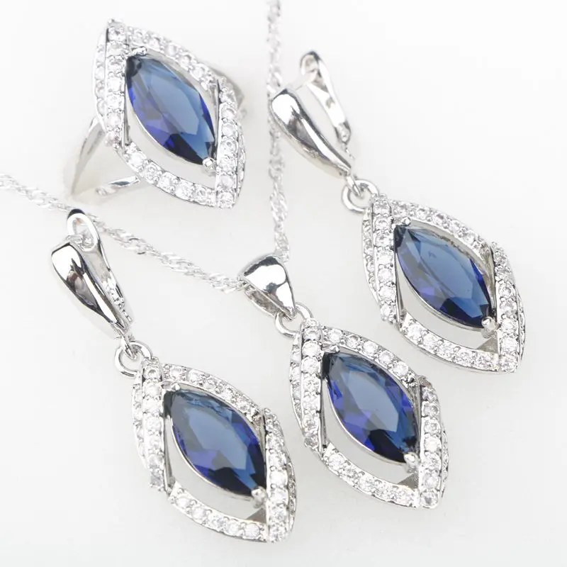 

New Year Blue CZ Silver 925 Costume Jewelry Sets Pendant Necklace Rings Earrings Women's Wedding Jewelery Set Free Gift Box