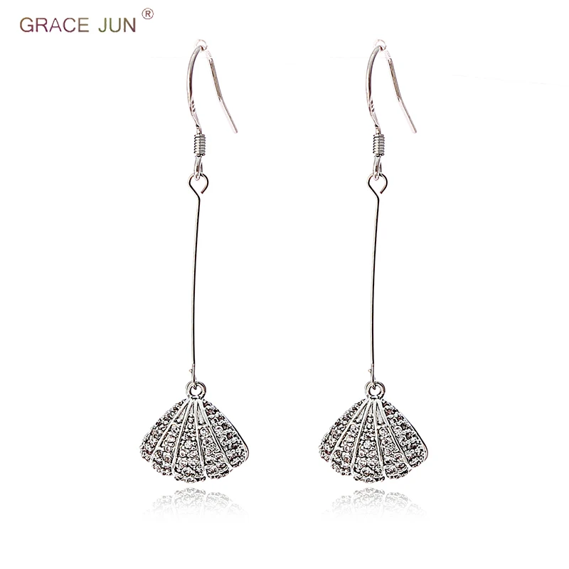 

GRACE JUN Charm Rhinestone Pearl Clip on Earrings and Drop Pierced Shell Shape Silver Needle Style Ear Cuffs Earrings No Allergy