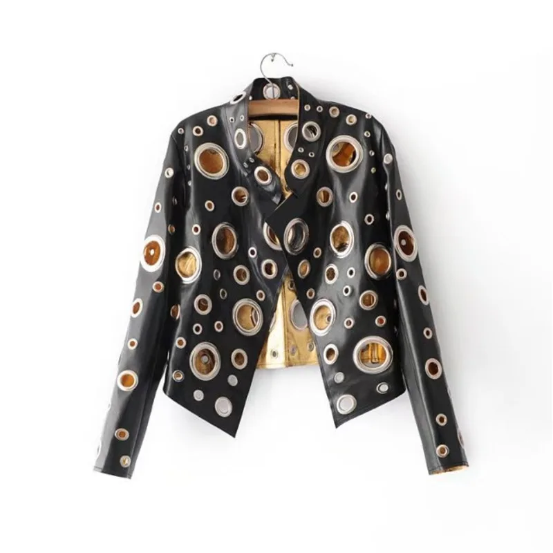 

[EWQ] New Autumn 2019 Fashion Long Sleeve Mandarin Collar PU Patchwork Eyelet Cosual Short Coat Women Personality AA397
