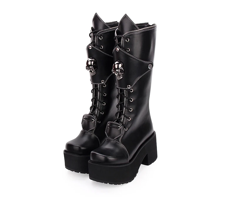 Модные зимние женские ботинки Лолиты на высоком каблуке и платформе; обувь на молнии с черепом в стиле панк; женские высокие сапоги в готическом стиле; большие размеры - Цвет: Черный