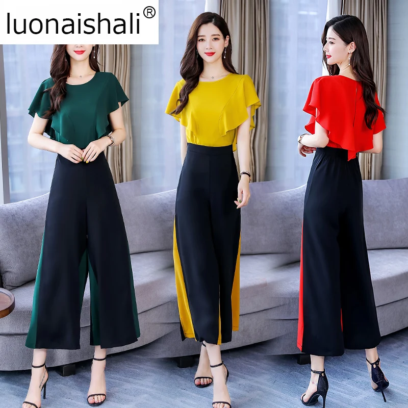 Vogue Design OL Two Piece Suit Set Women patchwork Short sleeve Blouse High-Waist Wide-leg Pants Outfits H300 | Женская одежда