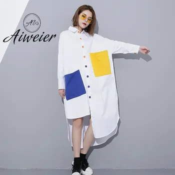 

[Aiweier]Plus Size Women's Blouses European Style Loose Long Sleeve Big Pocket Spliced Button Irregular Shirts Casual Women Tops