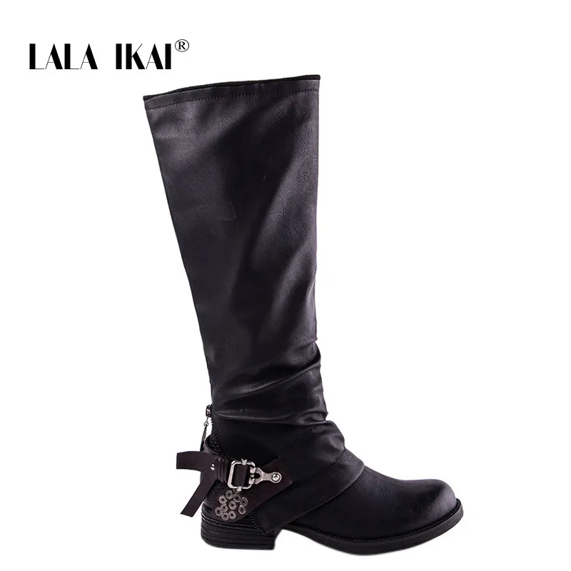 LALA IKAI/женские сапоги до колена; черные зимние сапоги из искусственной кожи; сапоги на среднем каблуке с пряжкой и молнией; сапоги из искусственной кожи с шипами; 014A2702-45 - Цвет: Black