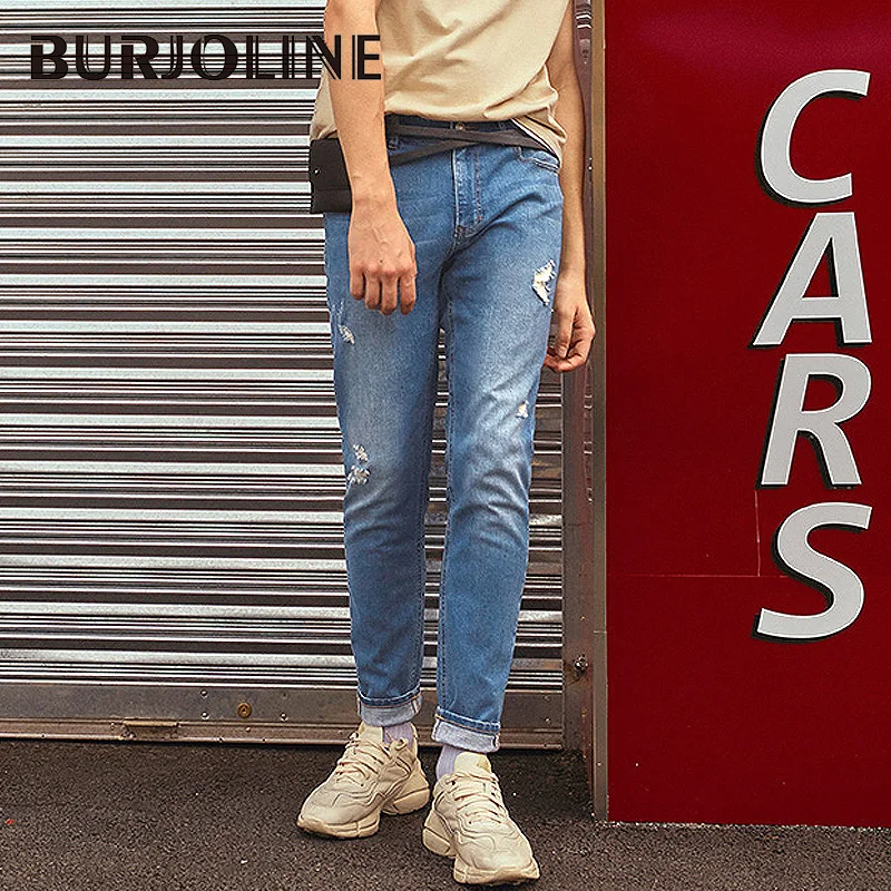 

BURJOLINE Summer 2019 Men's jeans Washing elasticity Slim-fit Denim Trousers B9209