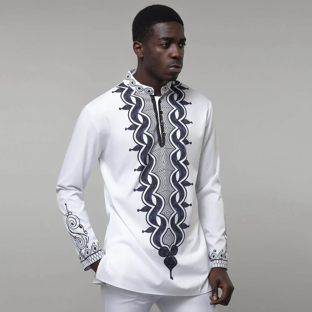 Opslea африканская Мужская рубашка с длинными рукавами Дашики 2019 Мода Новый Племенной печати Slim Fit Топ Белый Стенд воротник одежда рубашка Camisa