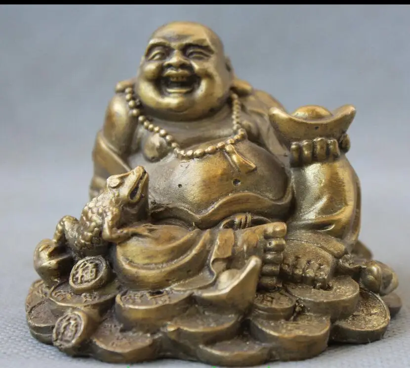 

wang6710518++Chinese Folk Brass Happy Laugh Maitreya Buddha Golden Toad Spittor Wealth Statue
