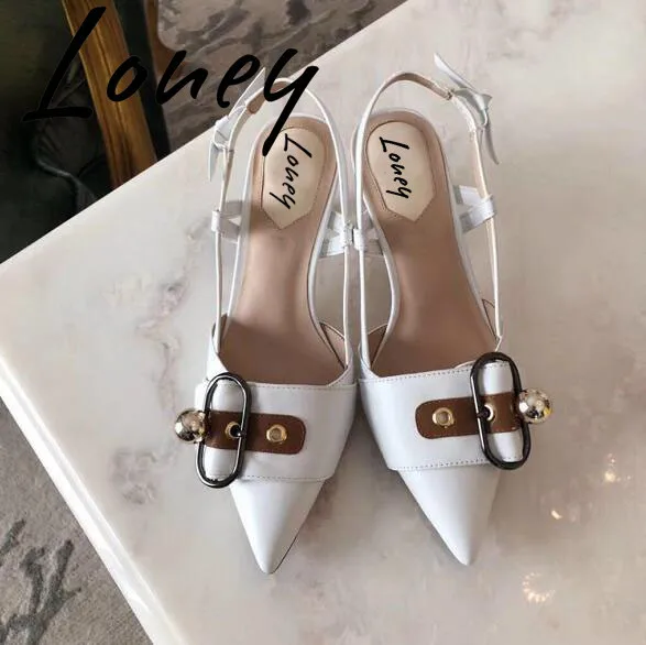 

Loney New Top Quality Genuine Leather Metal Deco Women Pumps Sexy Pointed Toe Slingback Kitten Heel Women Pumps Summer Pumps